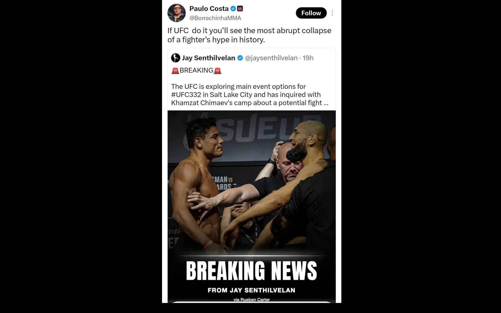 Screenshot of Paulo Costa's X post about Khamzat Chimaev